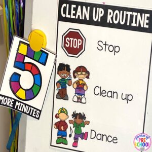 Clean up time tips plus more classroom management tips for preschool, pre-k, and kindergarten. #classroommanagement #preschool #prek #kindergarten