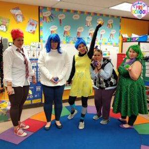 Inside Out Halloween costume plus 25 more adorable and easy Halloween costumes for teachers. #preschool #prek #kindergarten #teachercostume #Halloweenteachercostumes