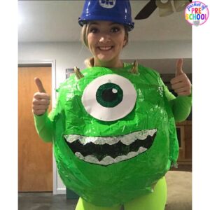 Monsters, Inc. Halloween costume plus 25 more adorable and easy Halloween costumes for teachers. #preschool #prek #kindergarten #teachercostume #Halloweenteachercostumes