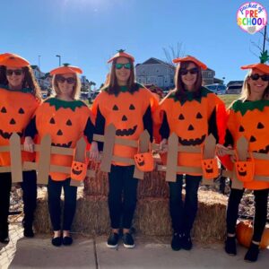 5 Little Pumpkins Sitting on a Gate Halloween costume plus 25 more adorable and easy Halloween costumes for teachers. #preschool #prek #kindergarten #teachercostume #Halloweenteachercostumes