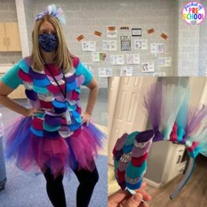 Rainbow Fish costume plus 25 more adorable and easy Halloween costumes for teachers. #preschool #prek #kindergarten #teachercostume #Halloweenteachercostumes