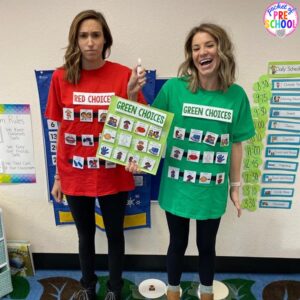 Red and green choice board Halloween costume plus 25 more adorable and easy Halloween costumes for teachers. #preschool #prek #kindergarten #teachercostume #Halloweenteachercostumes