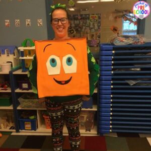 Spookley the Square Pumpkin Halloween costume plus 25 more adorable and easy Halloween costumes for teachers. #preschool #prek #kindergarten #teachercostume #Halloweenteachercostumes