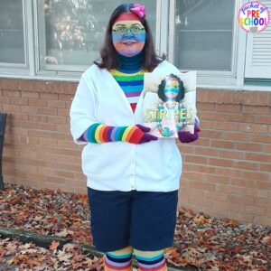 A Case of the Stripes Halloween costume plus 25 more adorable and easy Halloween costumes for teachers. #preschool #prek #kindergarten #teachercostume #Halloweenteachercostumes