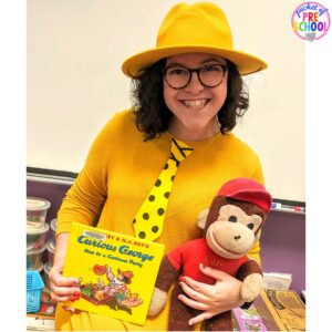 The Man in the Yellow Hat and Curious George Halloween costume plus 25 more adorable and easy Halloween costumes for teachers. #preschool #prek #kindergarten #teachercostume #Halloweenteachercostumes