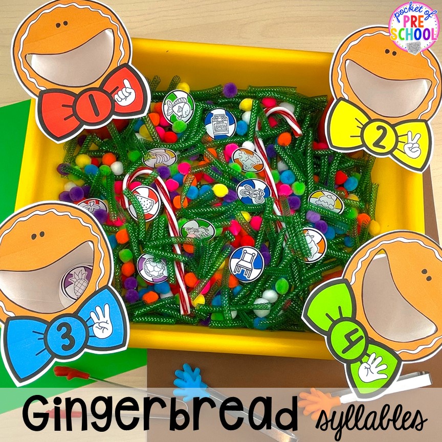 Gingerbread Syllables activity for preschool, pre-k, and kindergarten students to practice identifying syllables plus tons of gingerbread themed activities for your lesson plans.