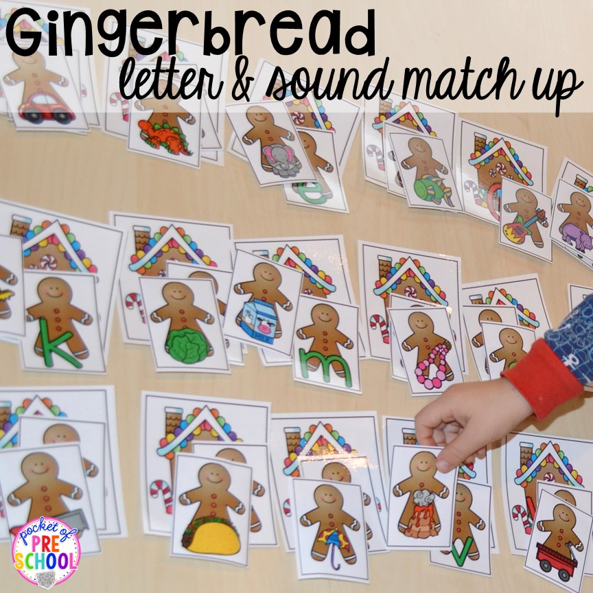 Gingerbread letter and sound match up printable game. Gingerbread activities and centers for preschool, pre-k, and kindergarten (STEM, math, writing, letters, fine motor, and art)