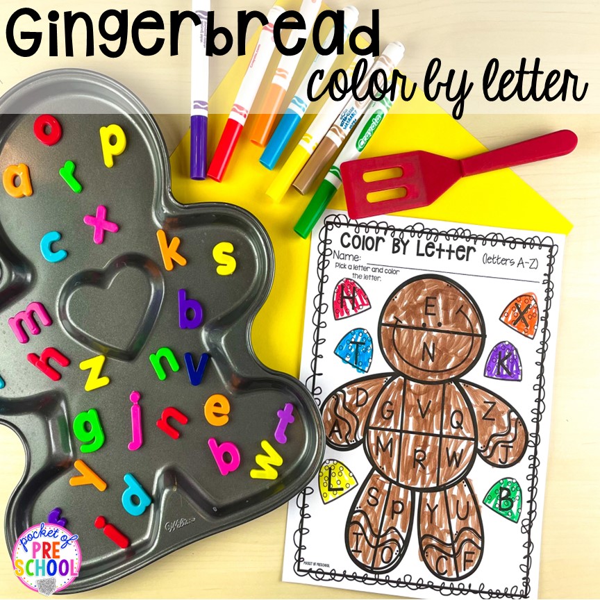 Gingerbread Color by Letter for little learners to practice letter identification, colors, and fine motor. Plus tons of gingerbread themed activities and freebies for your lesson plans.