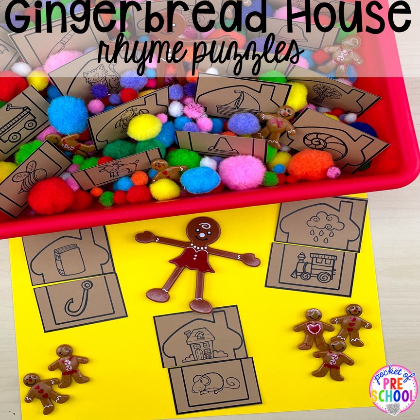 Gingerbread rhyme puzzles! Gingerbread activities and centers for preschool, pre-k, and kindergarten (STEM, math, writing, letters, fine motor, and art)