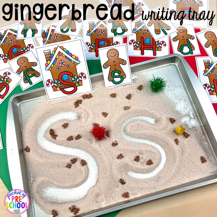 Gingerbread writing tray for a fun sensory writing experience! Gingerbread activities and centers for preschool, pre-k, and kindergarten (STEM, math, writing, letters, fine motor, and art)