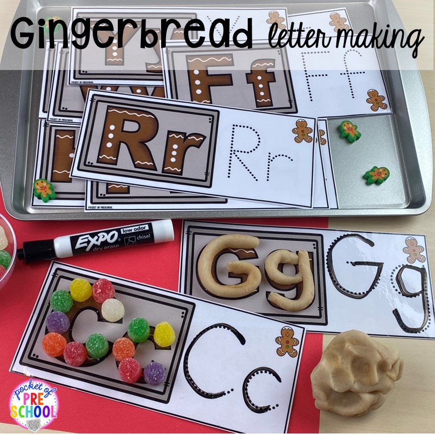 Build letters using gingerbread play dough and gumdrops for fine motor work or handwriting in your preschool, pre-k, or kindergarten classroom.