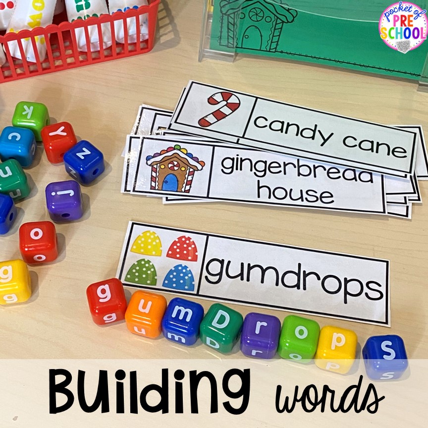 Build gingerbread words with letter beads (pretend they are candy for the gingerbread house) for a gingerbread theme! For preschool, pre-k, or kindergarten word work.