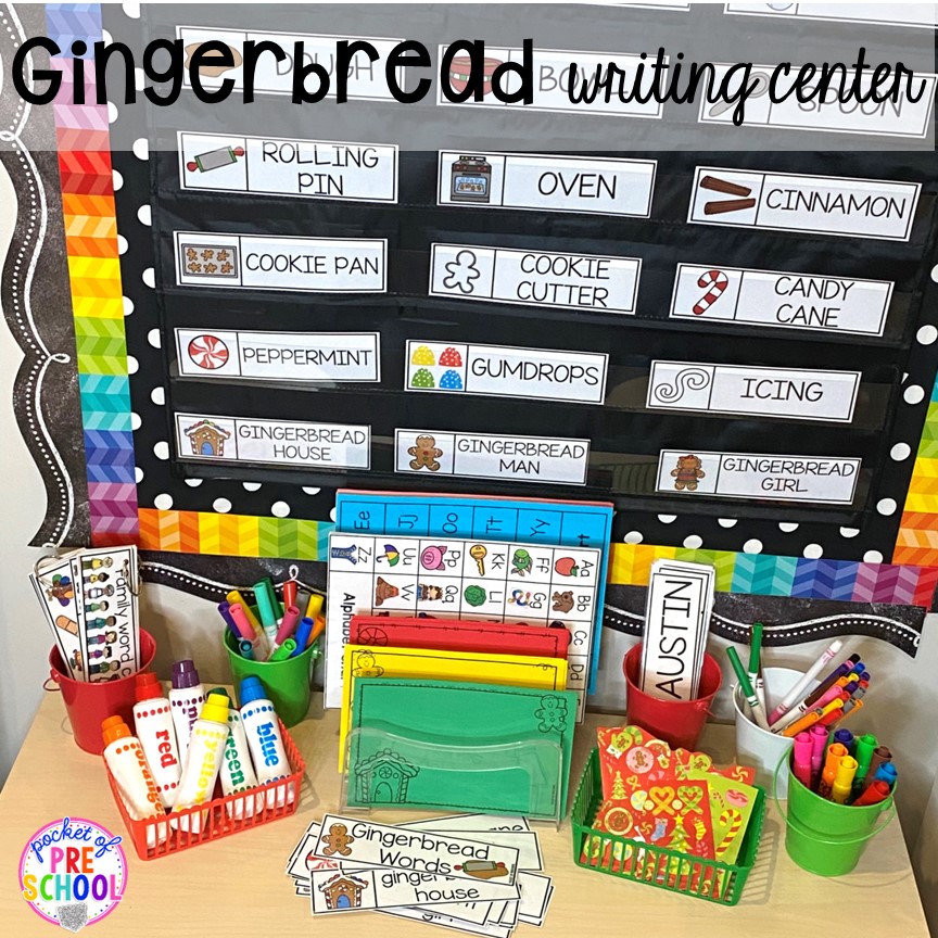 Gingerbread writing center is the perfect addition to a preschool, pre-k, and kindergarten classroom to encourage students to explore writing and literacy.