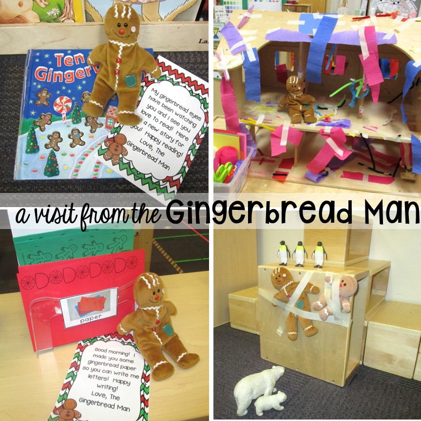 Gingerbread Man visits the classroom! Gingerbread activities and centers for preschool, pre-k, and kindergarten (STEM, math, writing, letters, fine motor, and art)