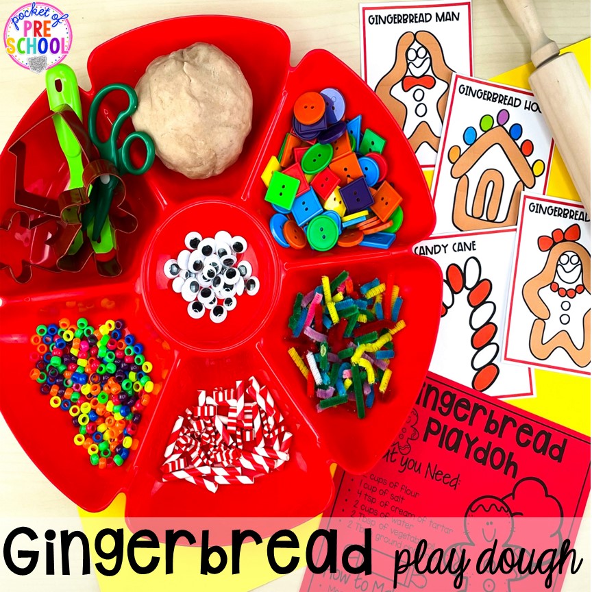 Gingerbread play dough tray. Gingerbread activities and centers for preschool, pre-k, and kindergarten (STEM, math, writing, letters, fine motor, and art)