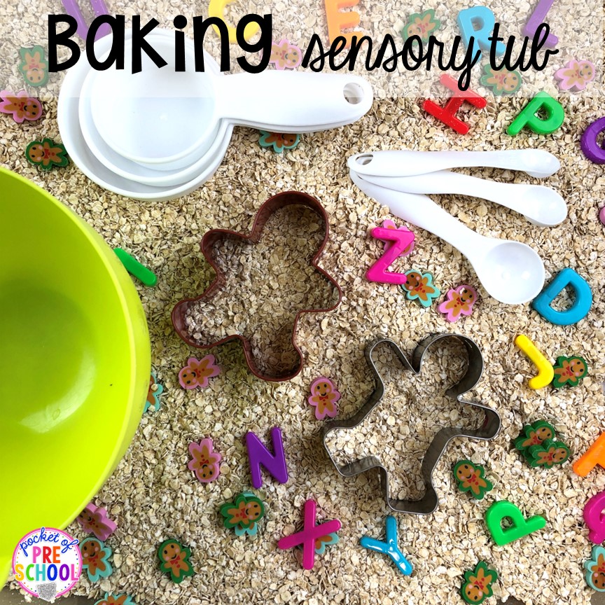 Gingerbread sensory bin for Christmas theme or a bakery theme! Perfect for preschool, pre-k, or kindergarten.