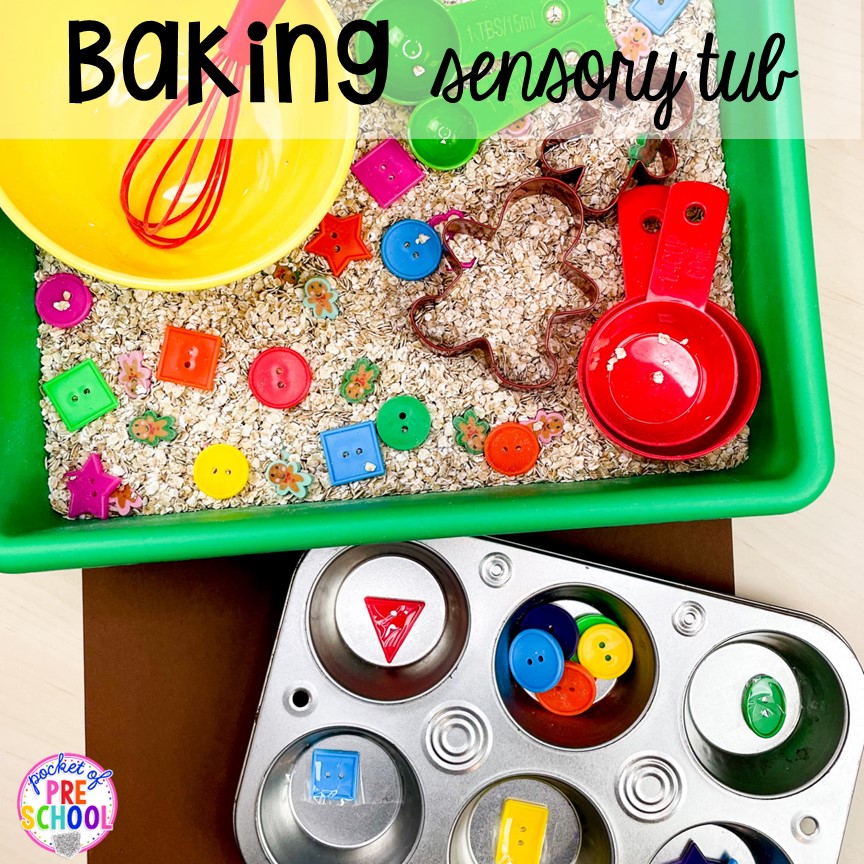 Baking Sensory Bin for preschool, pre-k, and kindergarten students to practice 2D shape sorting - fun for a gingerbread theme or sweets theme!