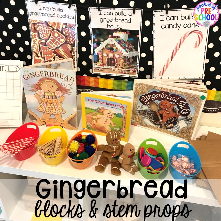 Gingerbread STEM building props in the blocks center for a Gingerbread theme! #gingerbread #preschool #prek