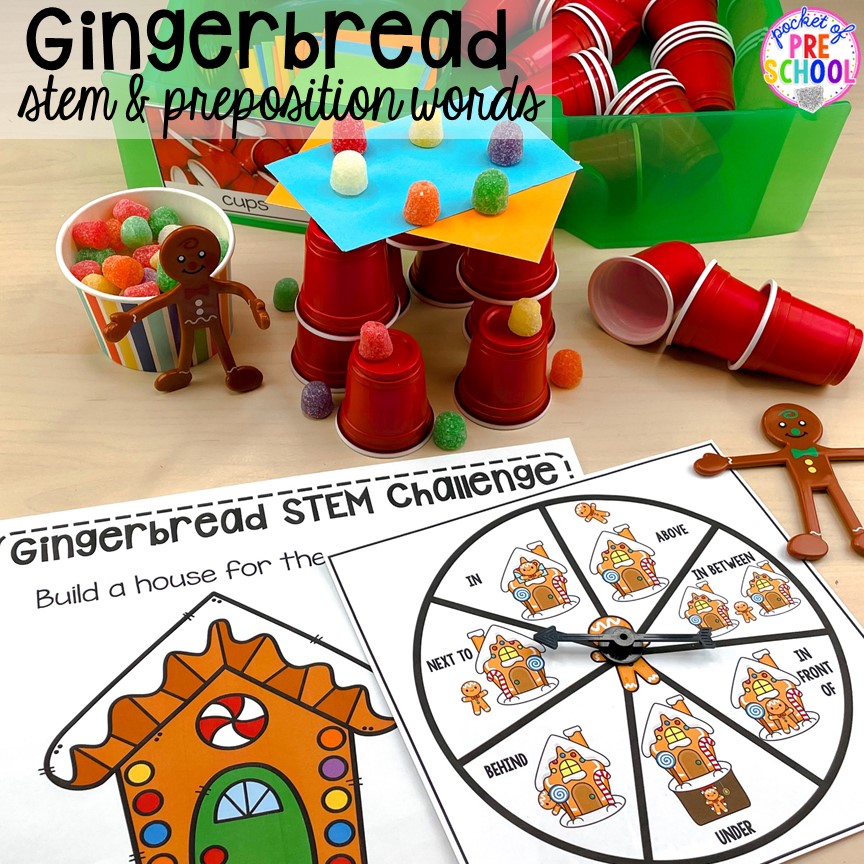 Gingerbreads STEM and positonal words building activity! Gingerbread activities and centers for preschool, pre-k, and kindergarten (STEM, math, writing, letters, fine motor, and art)