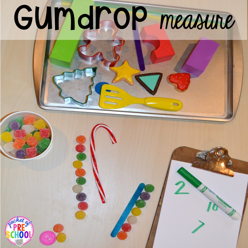Gumdrop measure to practice non-standard mesurement! Gingerbread activities and centers for preschool, pre-k, and kindergarten (STEM, math, writing, letters, fine motor, and art)