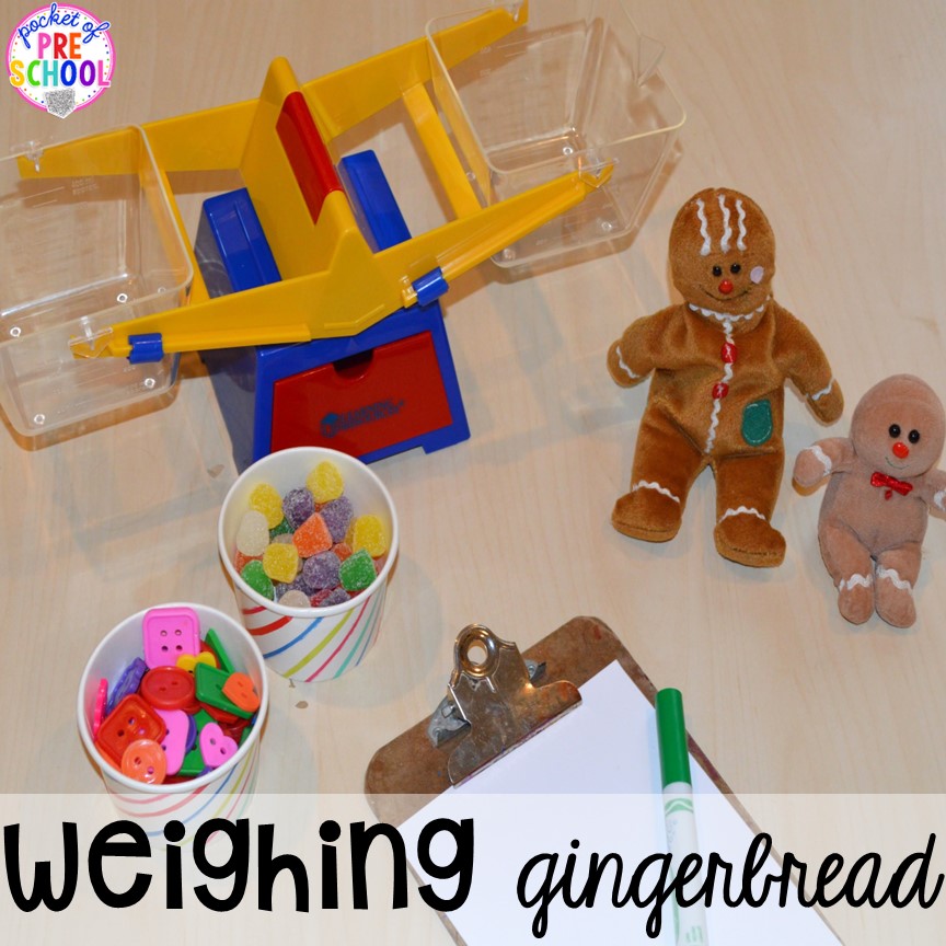 Explore weight, measurement, and using a scale with this gingerbrad weight activity! Gingerbread activities and centers for preschool, pre-k, and kindergarten (STEM, math, writing, letters, fine motor, and art)