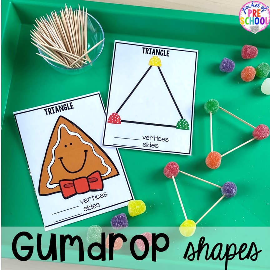 Gingerbread 2D shapes and gumdrop 2D shapes for Christmas theme or a bakery theme! You could also use playdough to make the shapes. Perfect for preschool, pre-k, or kindergarten.