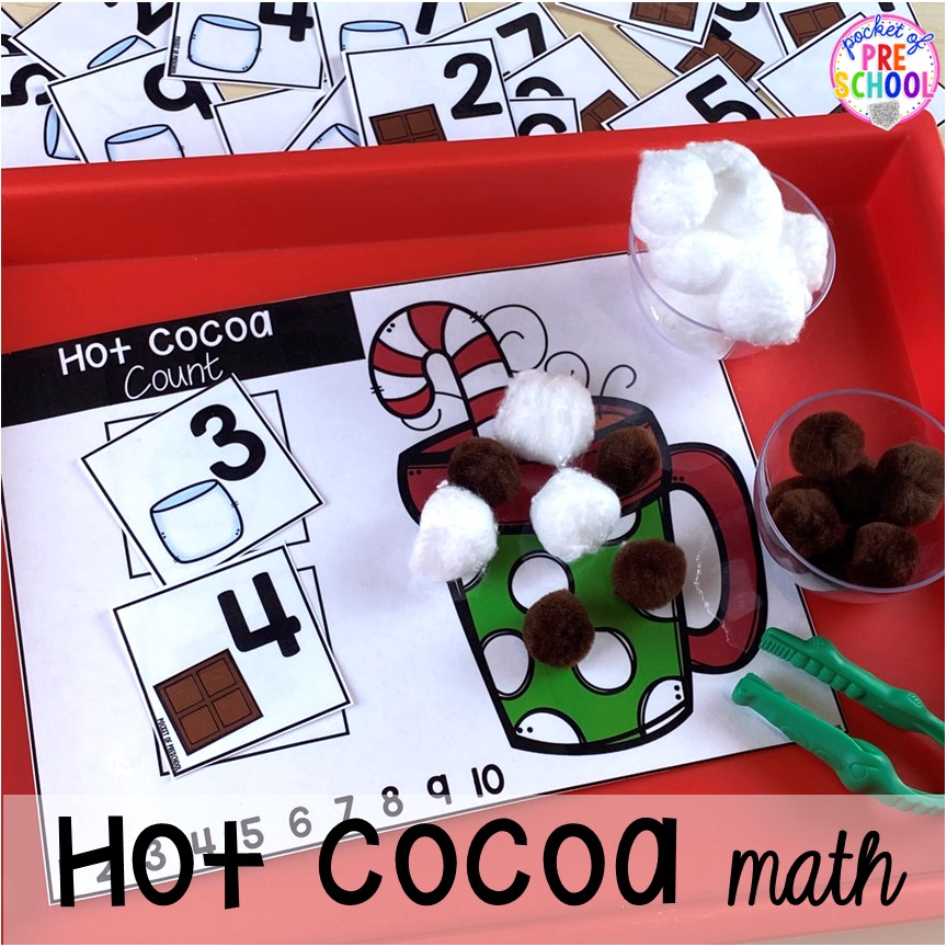 Hot Cocoa Math for preschool, pre-k, and kindergarten students to practice conuting, addition, and fine motor skills. Also includes an additional board!