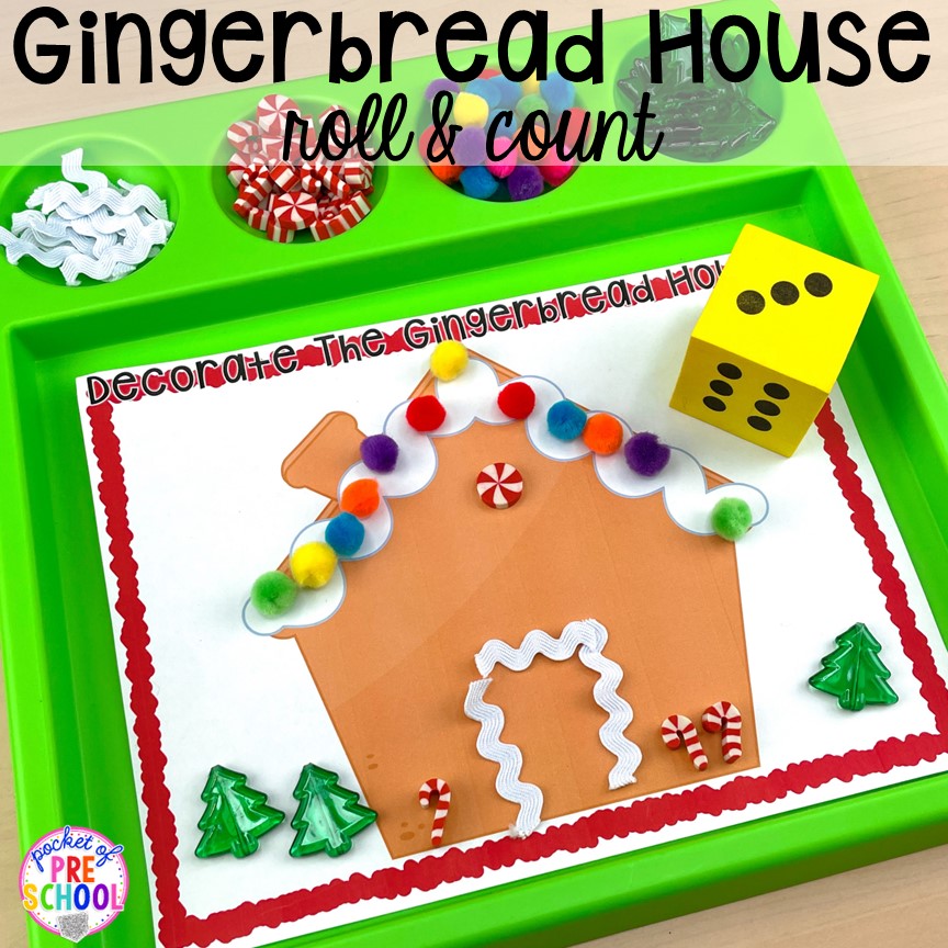 Gingerbread house roll & count for a fun counting activity! Gingerbread activities and centers for preschool, pre-k, and kindergarten (STEM, math, writing, letters, fine motor, and art)