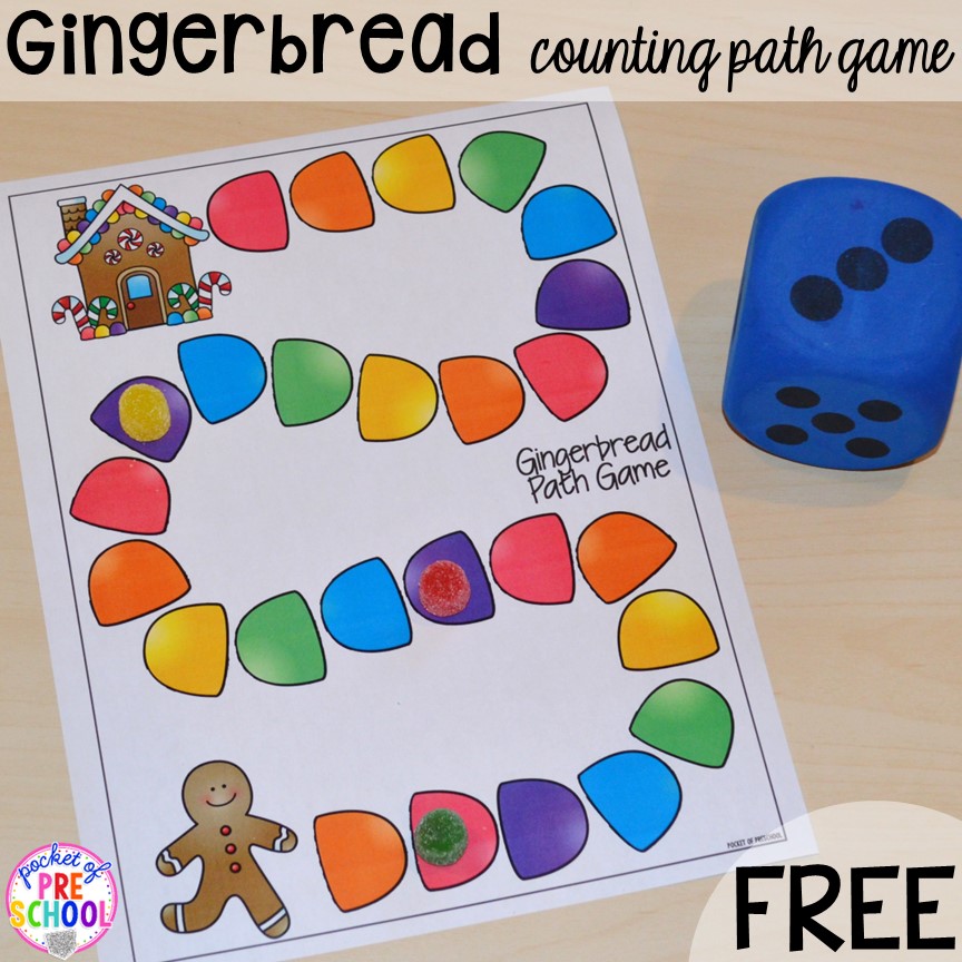 Gingerbread FREE path game! Roll and count to get the gingerbrad man to his house! Gingerbread activities and centers for preschool, pre-k, and kindergarten (STEM, math, writing, letters, fine motor, and art)