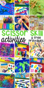 Scissor skills activities for cutting practice for preschool, pre-k, and kindergarten. Plus a free cutting printables. #preschool #prek #kindergarten #scissorskills #cuttingpractice