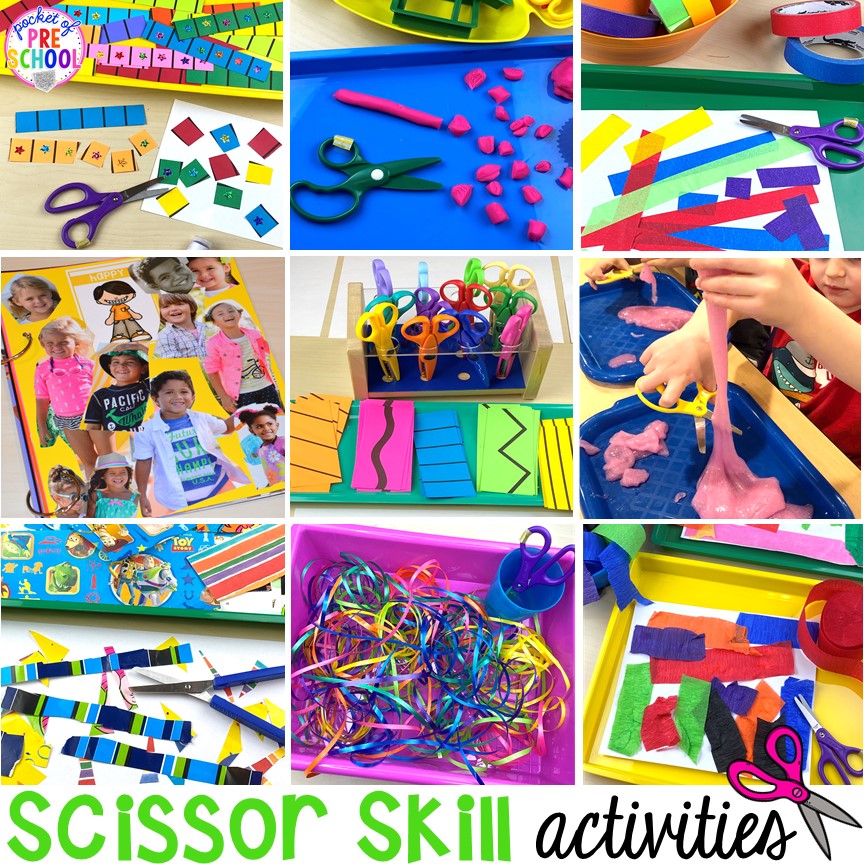 Scissor skills activities for cutting practice for preschool, pre-k, and kindergarten. Plus a free cutting printables. #preschool #prek #kindergarten #scissorskills #cuttingpractice