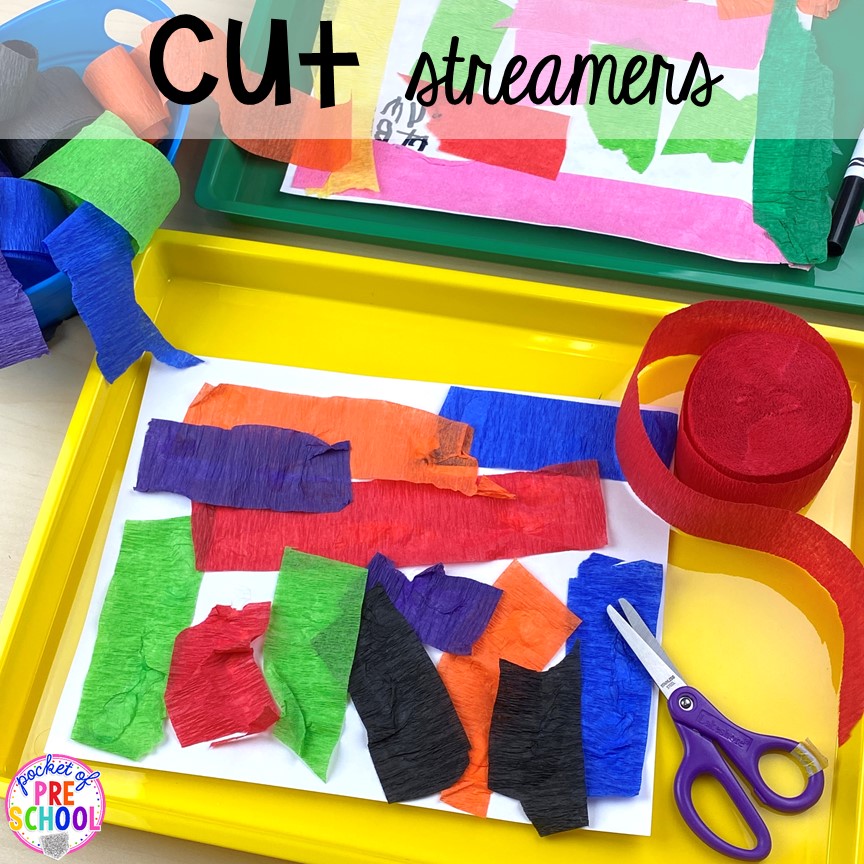 Cutting streamers! Plus more scissor skills activities for cutting practice for preschool, pre-k, and kindergarten with FREE cutting printables. #scissorskills #cuttingpractice 