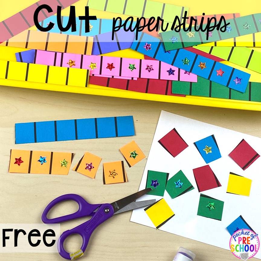 Cutting paper strips! Plus more scissor skills activities for cutting practice for preschool, pre-k, and kindergarten with FREE cutting printables. #scissorskills #cuttingpractice