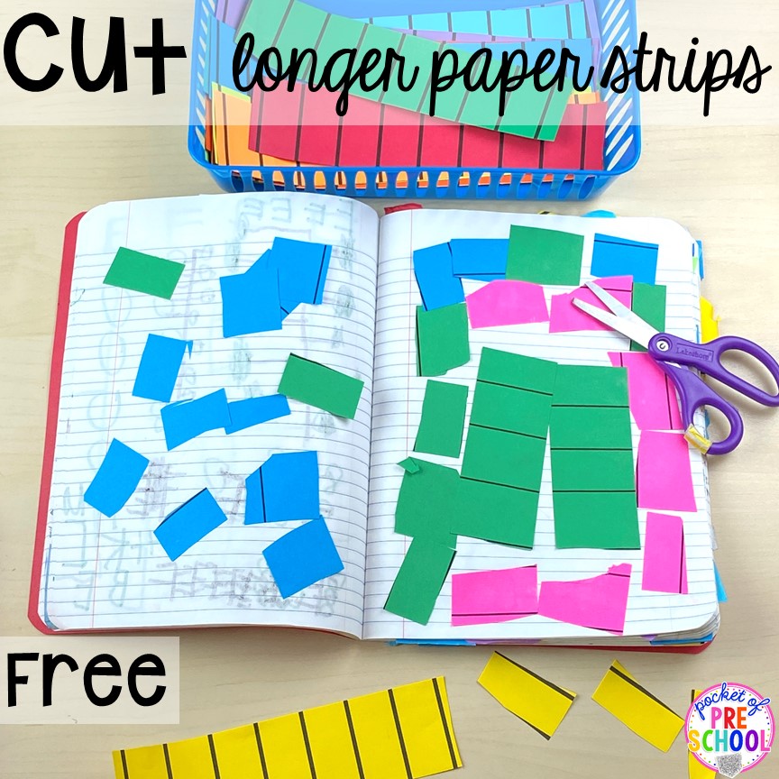 Cutting paper strips! Plus more scissor skills activities for cutting practice for preschool, pre-k, and kindergarten with FREE cutting printables. #scissorskills #cuttingpractice