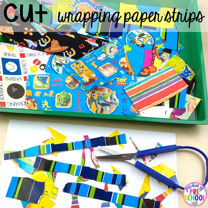 Cutting wrapping paper! Plus more scissor skills activities for cutting practice for preschool, pre-k, and kindergarten with FREE cutting printables. #scissorskills #cuttingpractice