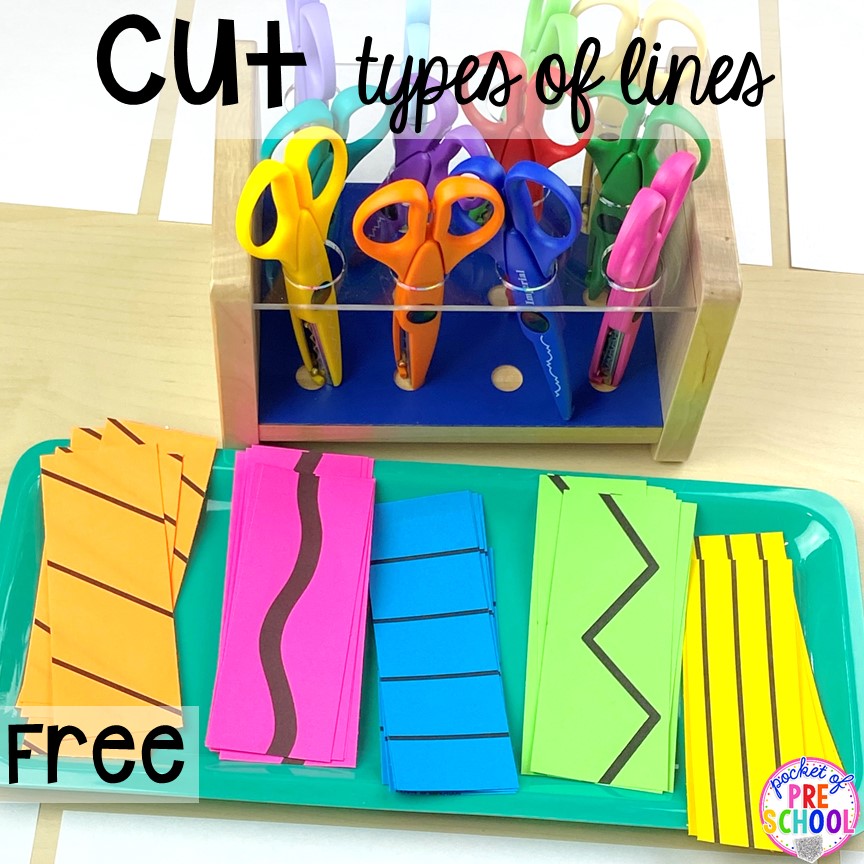 Cutting types of lines! Plus more scissor skills activities for cutting practice for preschool, pre-k, and kindergarten with FREE cutting printables. #scissorskills #cuttingpractice