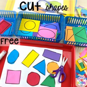 Cutting shapes! Plus more scissor skills activities for cutting practice for preschool, pre-k, and kindergarten with FREE cutting printables. #scissorskills #cuttingpractice