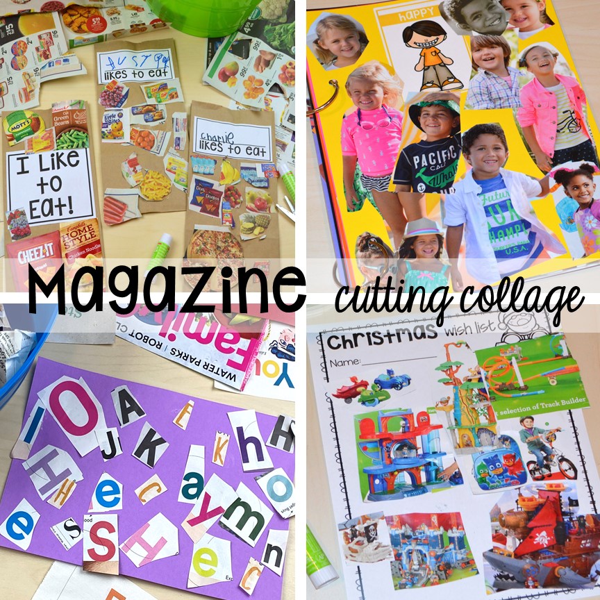 Magazine cutting collage! Plus more scissor skills activities for cutting practice for preschool, pre-k, and kindergarten with FREE cutting printables. #scissorskills #cuttingpractice
