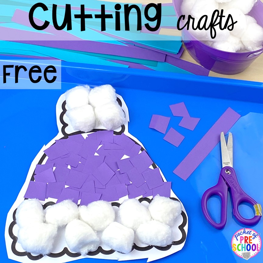 Cutting crafts! Plus more scissor skills activities for cutting practice for preschool, pre-k, and kindergarten with FREE cutting printables. #scissorskills #cuttingpractice