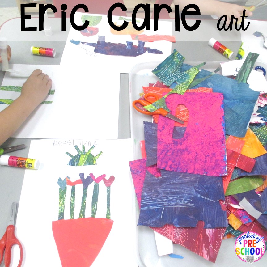 Eric Carle art! Plus more scissor skills activities for cutting practice for preschool, pre-k, and kindergarten with FREE cutting printables. #scissorskills #cuttingpractice