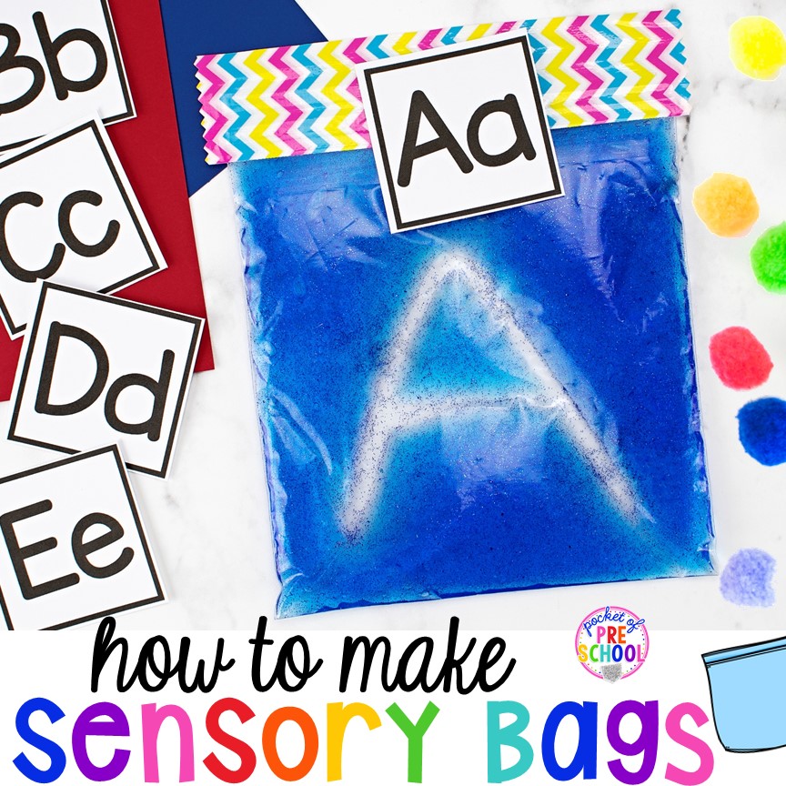 How to make a sensory bag for the writing center (FREE letter cards)! Perfect for preschool, pre-k, and kindergarten.