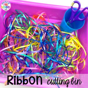Ribbon cutting sensory bin! Plus more scissor skills activities for cutting practice for preschool, pre-k, and kindergarten with FREE cutting printables. #scissorskills #cuttingpractice