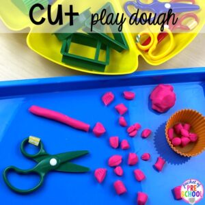 Cutting playdough! Plus more scissor skills activities for cutting practice for preschool, pre-k, and kindergarten with FREE cutting printables. #scissorskills #cuttingpractice