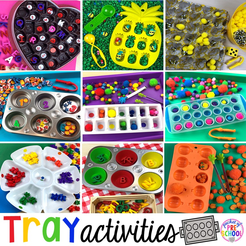 Tray activities to teach counting, letters, sounds, patterns, fine motor, and more! Perfect for preschool, pre-k, and kindergarten.