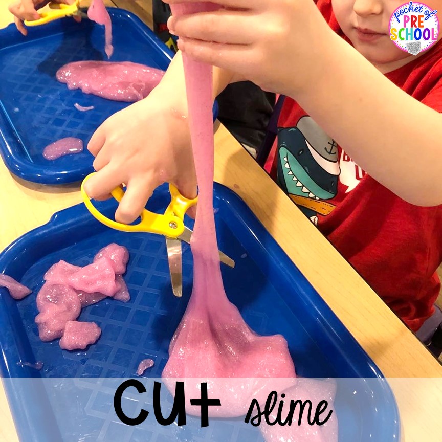 Cutting slime! Plus more scissor skills activities for cutting practice for preschool, pre-k, and kindergarten with FREE cutting printables. #scissorskills #cuttingpractice