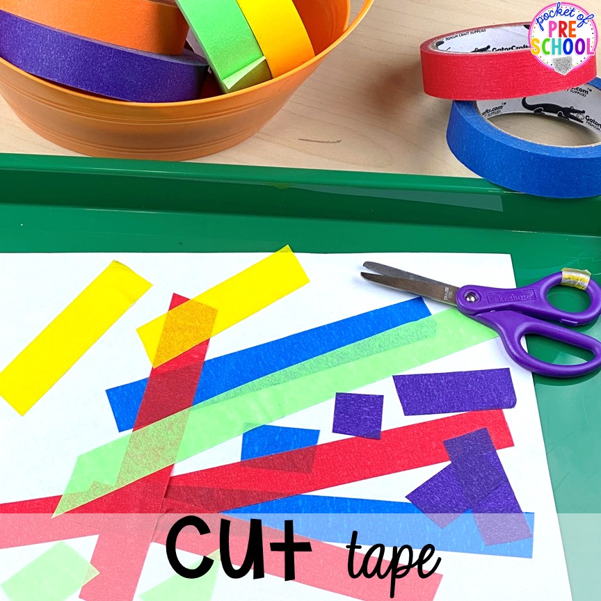 Cutting tape! Plus more scissor skills activities for cutting practice for preschool, pre-k, and kindergarten with FREE cutting printables. #scissorskills #cuttingpractice