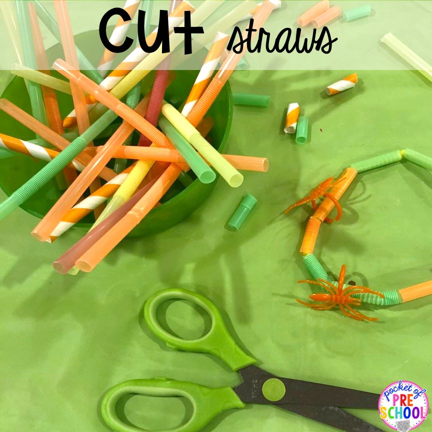 Cutting straws! Plus more scissor skills activities for cutting practice for preschool, pre-k, and kindergarten with FREE cutting printables. #scissorskills #cuttingpractice 