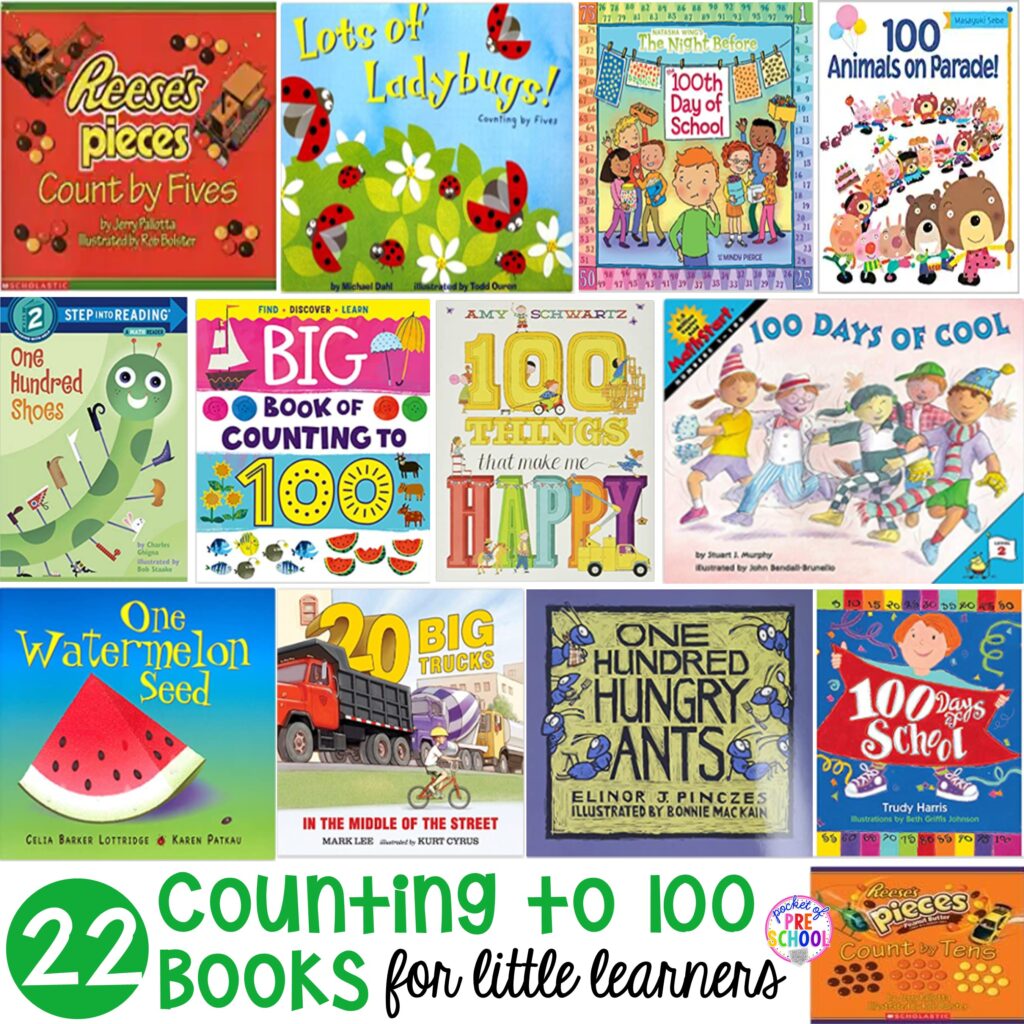 Counting to 100 book list for preschool, pre-k, and kindergarten. The perfect resources for a counting unit, math lesson, or the 100th day of school. #countingunit #mathlesson #100thdayofschool #childrensbooklist #booklist
