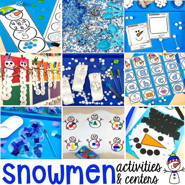 Snowman centers and activities preschool, pre-k, and kindergarten students will love. #snowmantheme #wintertheme #preschool #prek