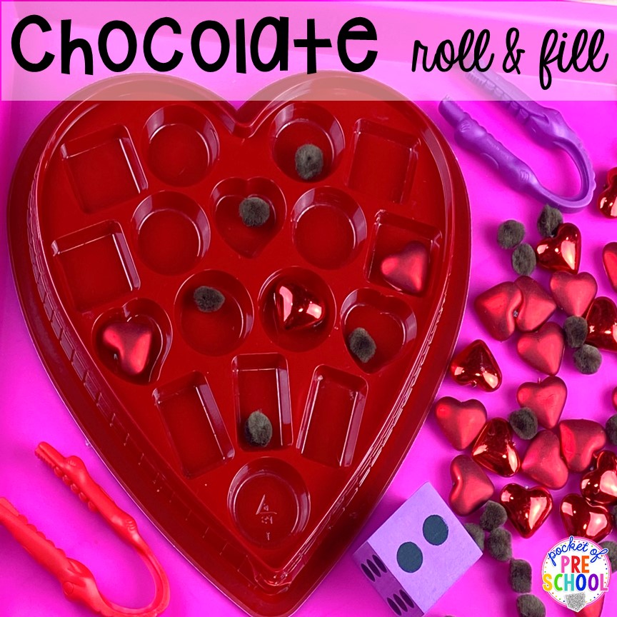 Chocolate heart roll and fill! Valentine's Day activities (letters, writing, counting, shapes, sensory, fine motor)for preschool, pre-k, and kindergarten. #preschool #prek #valentinesday